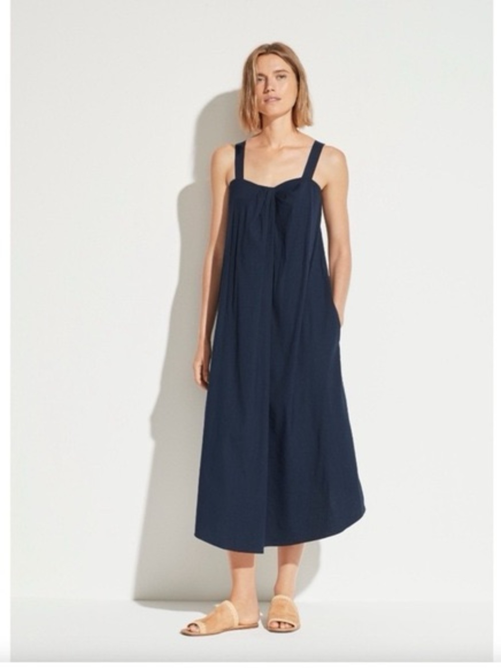 Vince Womens Linen Drape Neck Dress Marine Navy Midi Size M Pockets